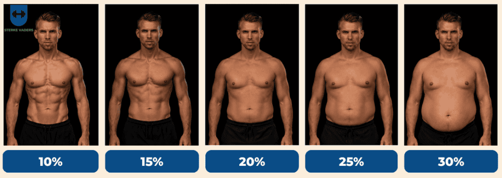 Visuele vergelijking lichaamsvet percentage mannen: 10%, 15%, 20%, 25% en 30%