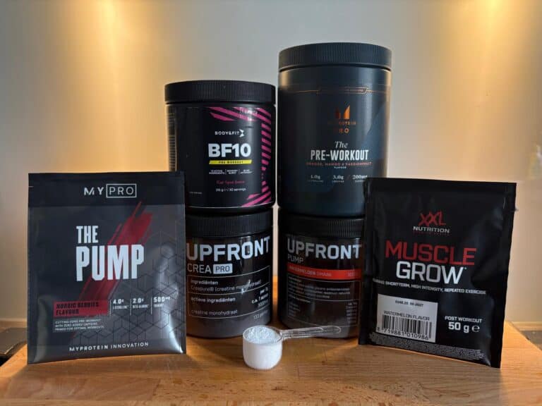 Creatine en pre-workout producten van Upfront, Body & Fit, Myprotein en XXL Nutrition