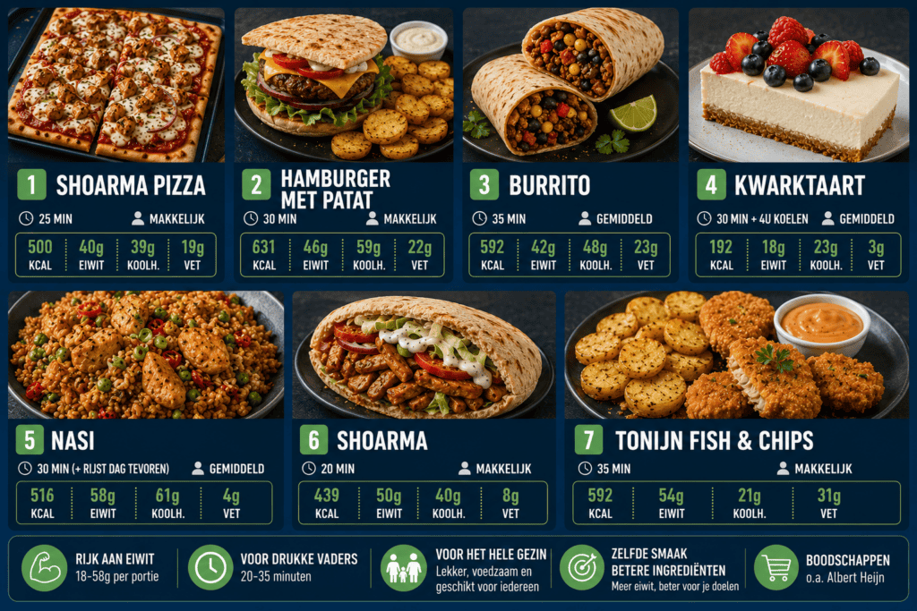 Overzicht van 7 gezonde recepten voor vaders: shoarma pizza, hamburger, burrito, kwarktaart, nasi, shoarma en tonijn fish & chips met macro's per portie